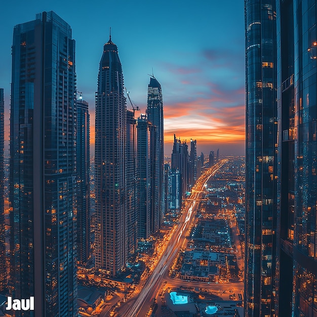 Photo photo of modern skyscrapers at dusk description a wideangle shot of iconic gulf city skylines suc