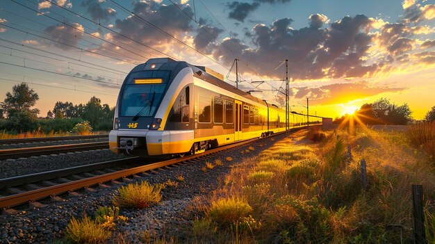 A photo of a modern train against a sunset