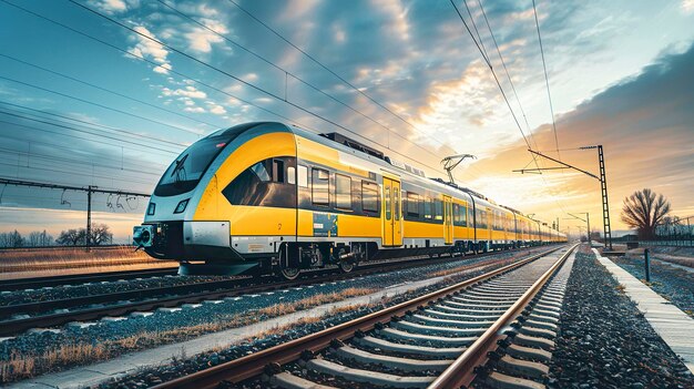 A photo of a modern train under a clear sky