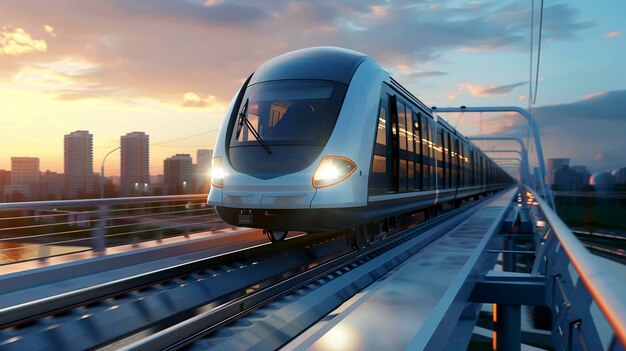 A photo of a modern train crossing a bridge