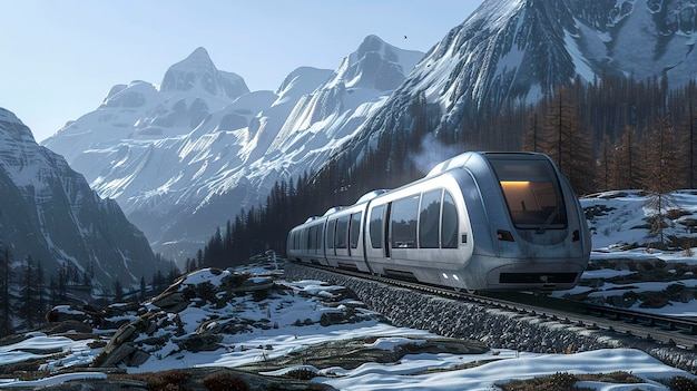 A photo of a modern train in the mountains