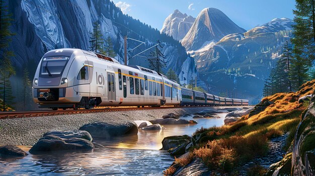 A photo of a modern train in the mountains