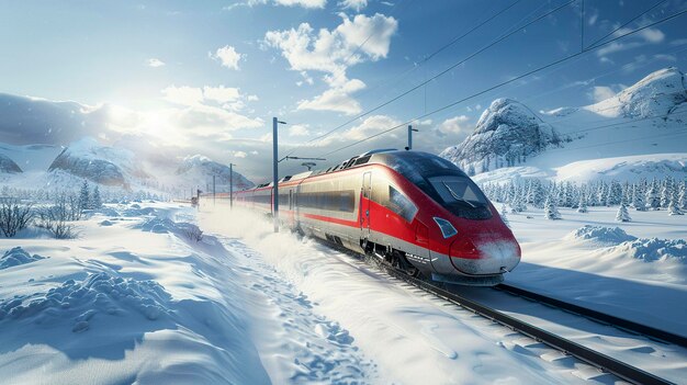 A photo of a modern train in a snowy landscape