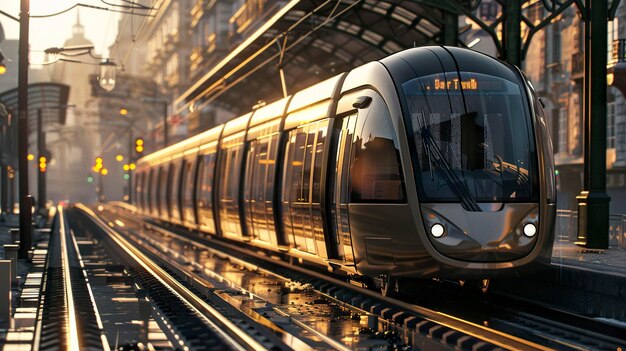 A photo of a modern train in an urban landscape