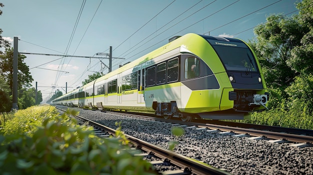 A photo of a modern train with green landscape