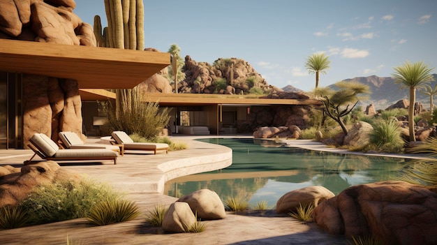 Photo a photo of a modernist desert oasis retreat