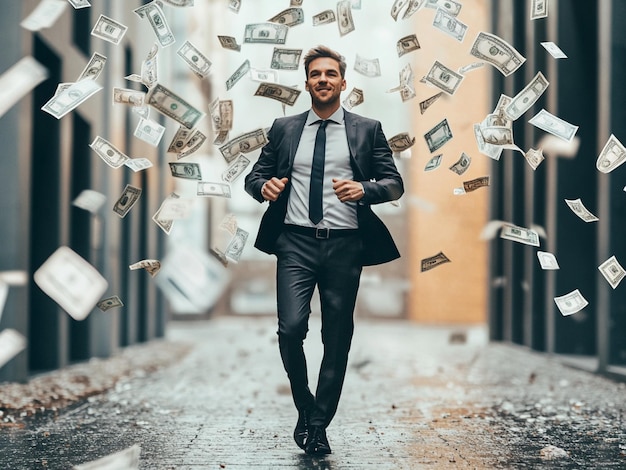 photo of money raining on male successful business owner