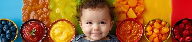 Photo montage for baby in a plate and bowl of rainbow color fruits