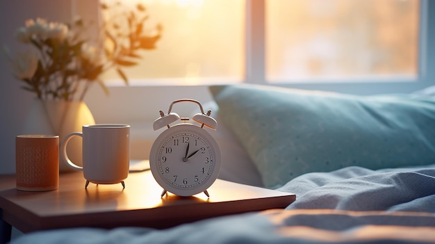 Photo of morning coffee tea with clock on the table