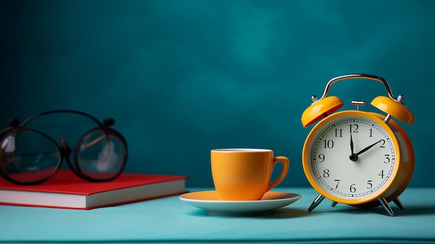 Photo of morning coffee tea with clock on the table