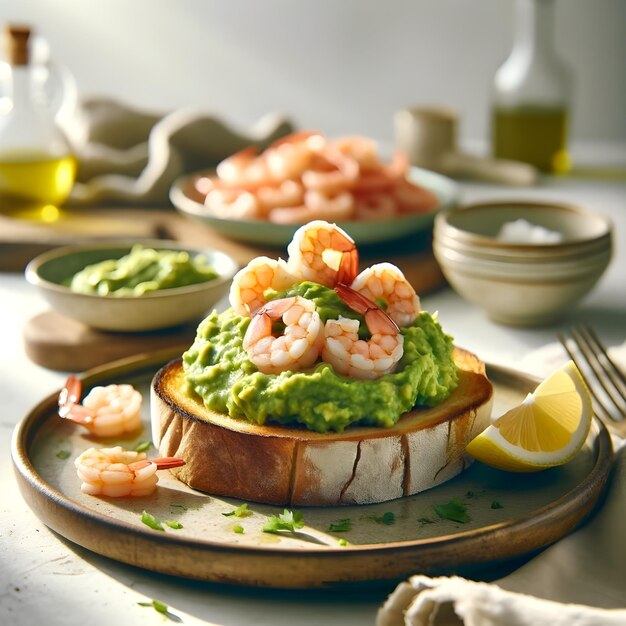 Photo of a morning idea of bruschetta including avocado lemon and shrimp on toast