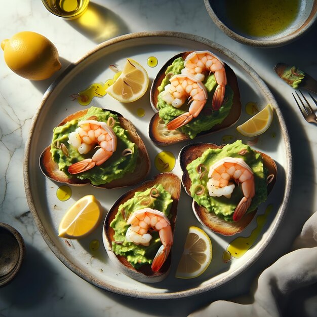 Photo of a morning idea of bruschetta including avocado lemon and shrimp on toast