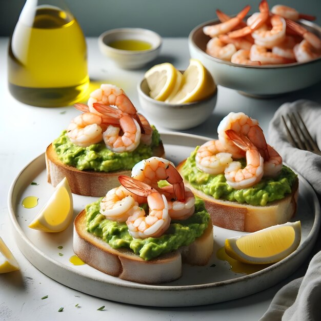 Photo of a morning idea of bruschetta including avocado lemon and shrimp on toast