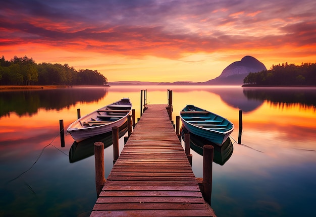 Photo of morning lake view nature with boat