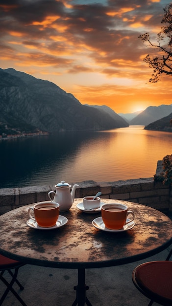 Photo of morning nature with tea or coffee cup with beautiful flowers and sunshine