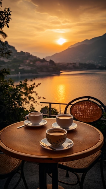 Photo of morning nature with tea or coffee cup with beautiful flowers and sunshine