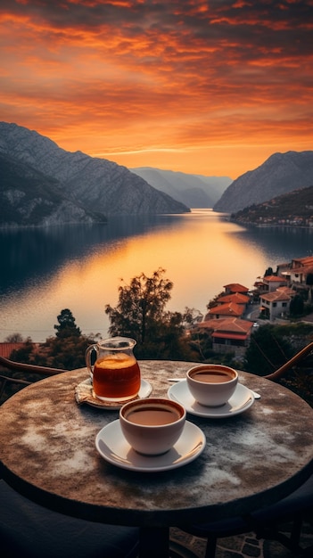 Photo of morning nature with tea or coffee cup with beautiful flowers and sunshine