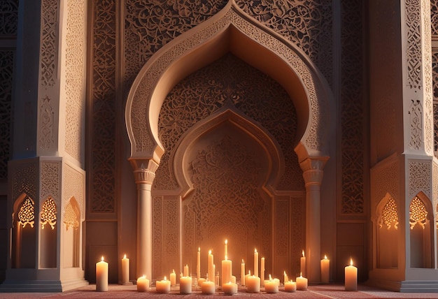 a photo of a mosque with candles in the middle