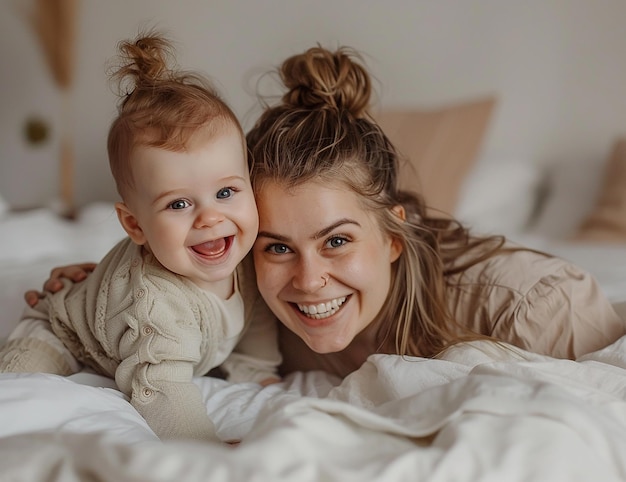 Photo of a mother and baby laughing together on the bed