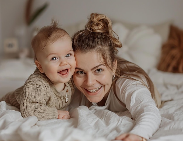 Photo of a mother and baby laughing together on the bed