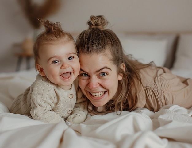 Photo of a mother and baby laughing together on the bed