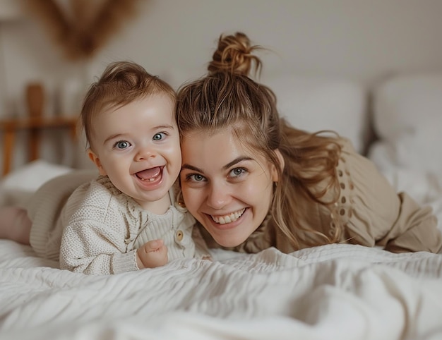 Photo of a mother and baby laughing together on the bed