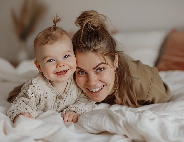 Photo of a mother and baby laughing together on the bed