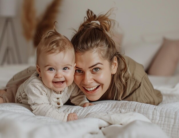 Photo of a mother and baby laughing together on the bed