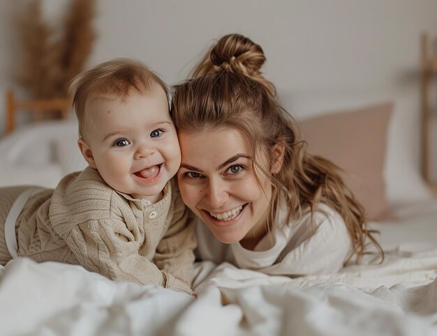 Photo of a mother and baby laughing together on the bed