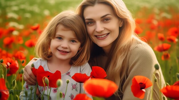 Photo of mother and daughter love in beautiful poppy flower nature landscape