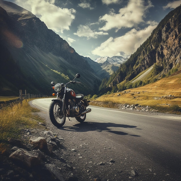 Photo of a motorbike on a road in the mountains