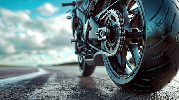 A photo of a motorcycle tire on an open road