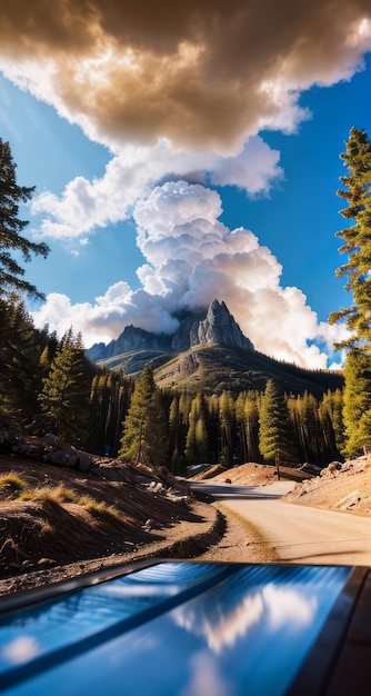 photo of a mountain and blue sky with clouds forest photography