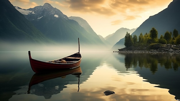 Photo of mountain nature with boat in lake and mountains