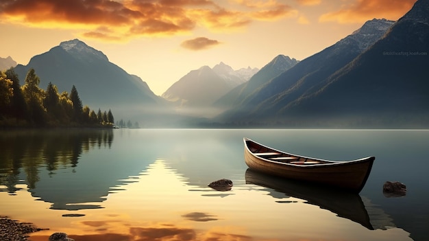 Photo of mountain nature with boat in lake and mountains