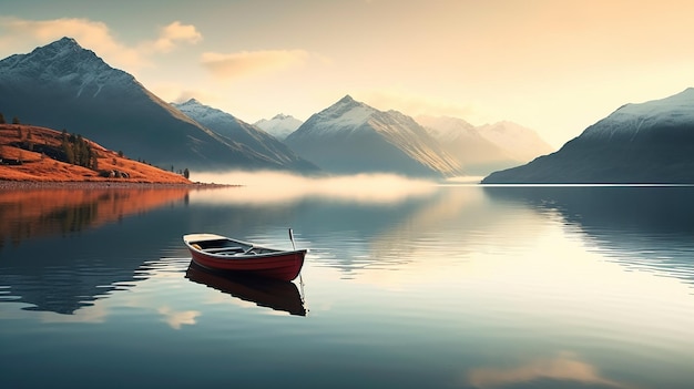 Photo of mountain nature with boat in lake and mountains