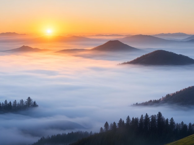 Photo mountains is covered by morning fog and sunrise