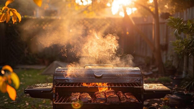 Photo photo of a mouthwatering display of barbecue meat pieces grilling on a smoker