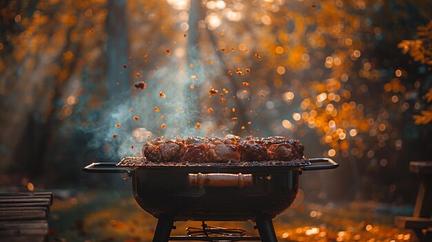 Photo photo of a mouthwatering display of barbecue meat pieces grilling on a smoker