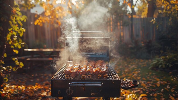 Photo of a Mouthwatering Display of Barbecue Meat Pieces Grilling on a Smoker