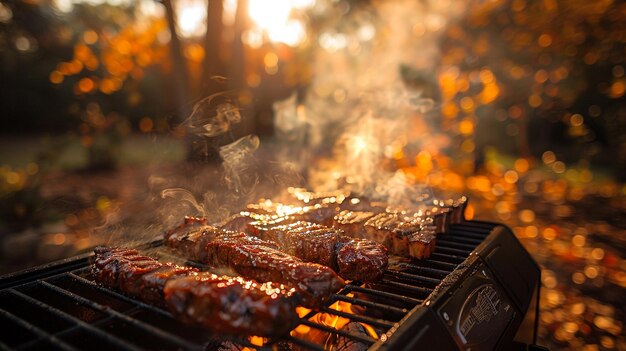 Photo of a Mouthwatering Display of Barbecue Meat Pieces Grilling on a Smoker