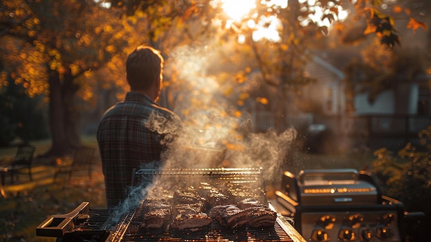 Photo photo of a mouthwatering display of barbecue meat pieces grilling on a smoker