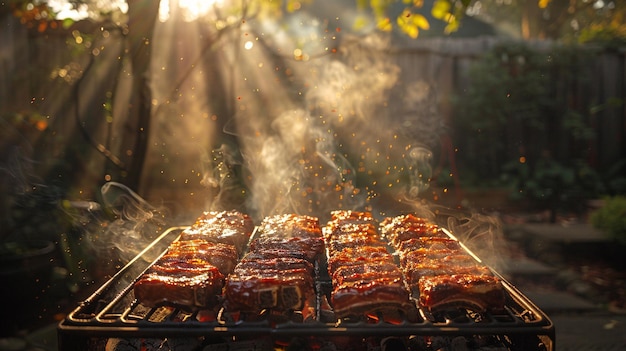 Photo of a Mouthwatering Display of Barbecue Meat Pieces Grilling on a Smoker