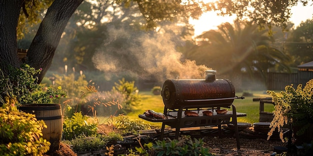 Photo photo of a mouthwatering display of barbecue meat pieces grilling on a smoker