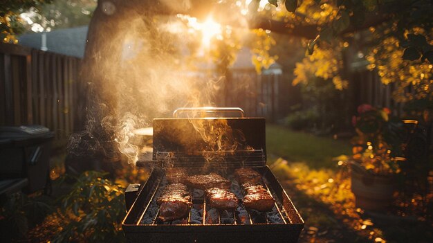 Photo of a Mouthwatering Display of Barbecue Meat Pieces Grilling on a Smoker