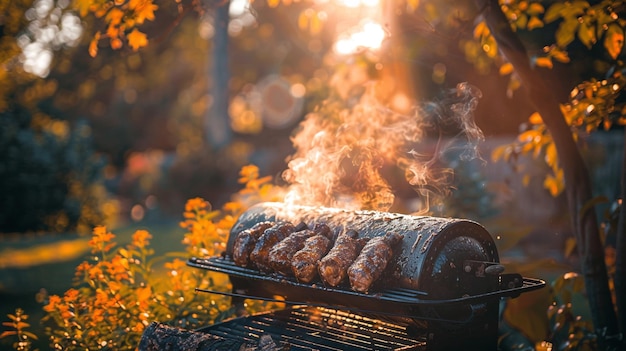 Photo photo of a mouthwatering display of barbecue meat pieces grilling on a smoker