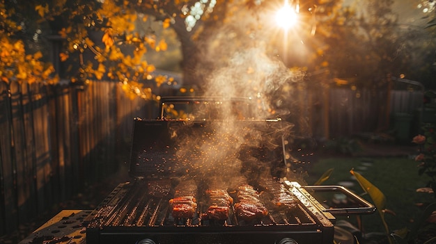 Photo of a Mouthwatering Display of Barbecue Meat Pieces Grilling on a Smoker