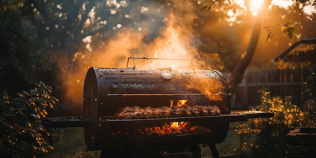 Photo photo of a mouthwatering display of barbecue meat pieces grilling on a smoker