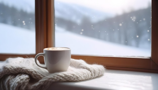 photo mug of hot coffee and woolen knitting on windowsill against snow landscape from outside