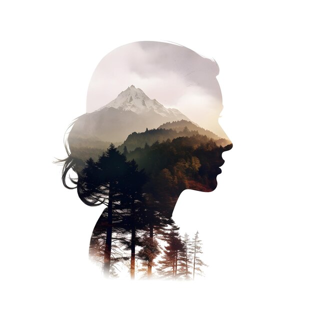 Photo photo multiple exposure of a young woman and mountain landscape generative ai